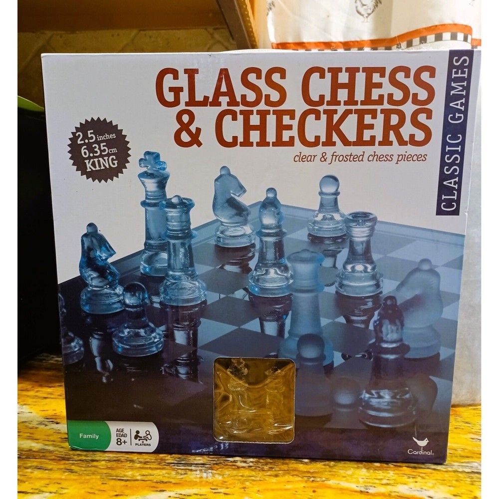 Cardinal Clear & frosted  glass chess & checkers set NEW in Box never been Use